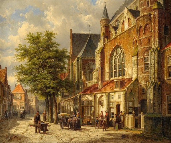Dutch city street with church by Willem Koekkoek